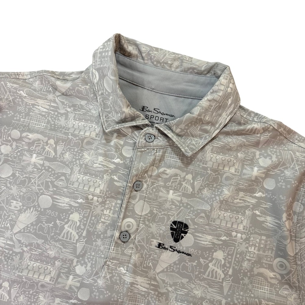 Ben Sherman Sport Mens Grey Brighton Pier Print Golf Polo‎ Shirt Size Large L
